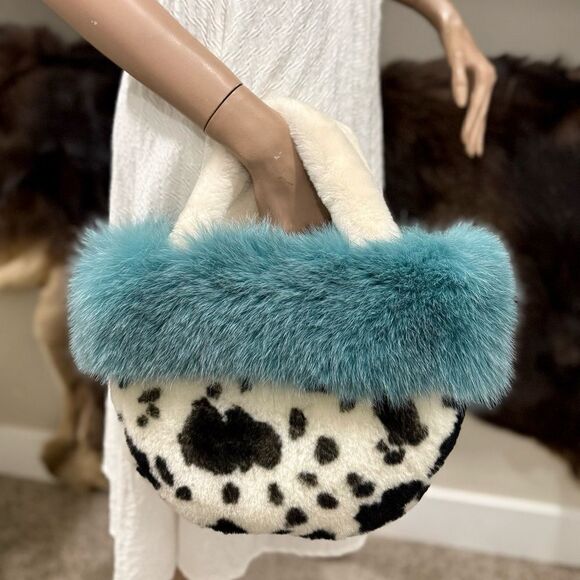 Colorblock Handmade Real Fox Fur & Shearling leather Top Handles Bag/Multi Use - Picture 3 of 16